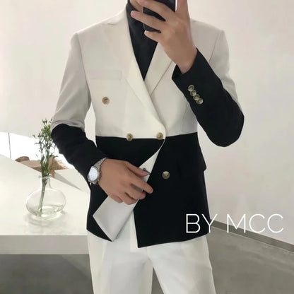 Men's Blazer Hombre Semi-Black Red White Double-Breasted Blazer Masculino Slim Wedding Prom Fashion Stitching Men's Blazer Men