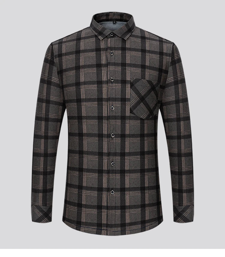 Autumn Winter Thicken Fleece Shirt Men Business Plaid Shirt Long Sleeve Warm Clothes Turn Down Collar Button Up Shirts Classic