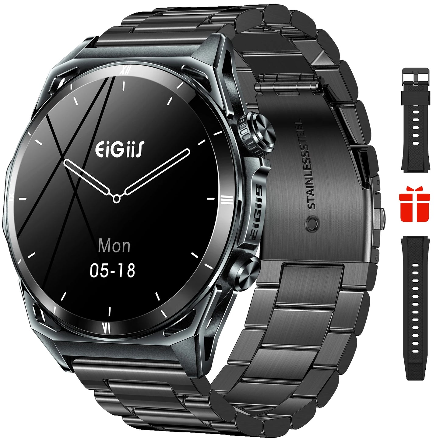 EIGIIS New Smart Watch KE6 1.43" AMOLED Display Men Black Sports Watch KE Series Bluetooth Call Health Monitor IP68 Waterproof