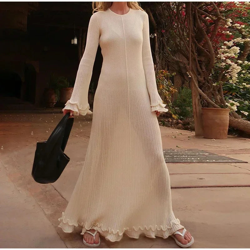 Elegant Women's Ruffles Hem Flare Sleeve Knitted Long Dress Chic Backless Lace Up Round Neck Vestido New Female Vacation Robes