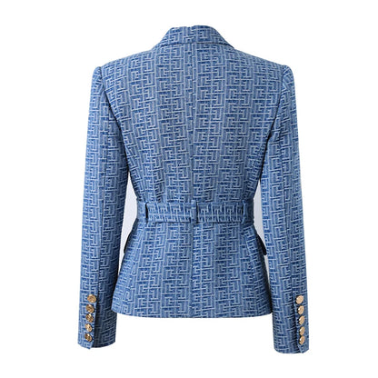 Custom Luxury Washed Fabric Wholesale Geometric Pattern Denim Jackets for Ladies Women Fashion Blazer with Belt