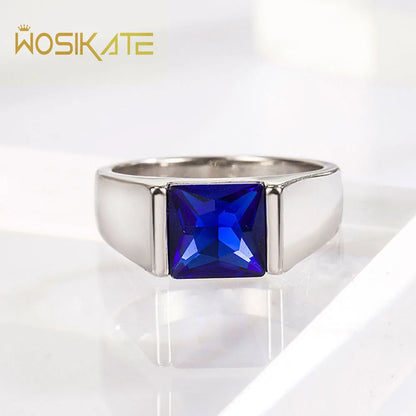 WOSIKATE Trendy Men's Ring With Geometric Square Sapphire Simple Atmosphere Male Business Ring Fashion Jewelry Size 6-10