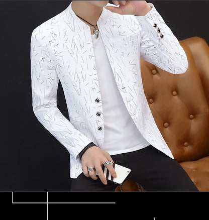 Men's Printed Small Suit Male Korean Version of The Self-cultivation Stand-up Collar Chinese Tunic Casual Suit Thin Jacket Youth