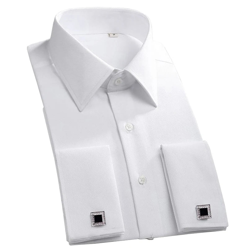 Classic French Cuff Men's Dress Shirt Long Sleeve Male Formal Wedding Party White Black Oversized Cufflink Shirts with Pocket