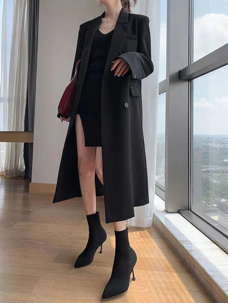 Long Trench Coat Women Office Lady Elegant Double Breasted Blazer Jacket Streetwear Overcoats Korean Harajuku Casual Windbreaker