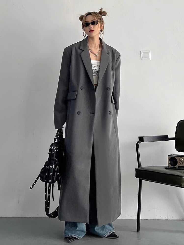 Lautaro Spring Autumn Long Grey Black Trench Coat for Women Double Breasted Loose Casual Korean Fashion Clothing Blazer 2025