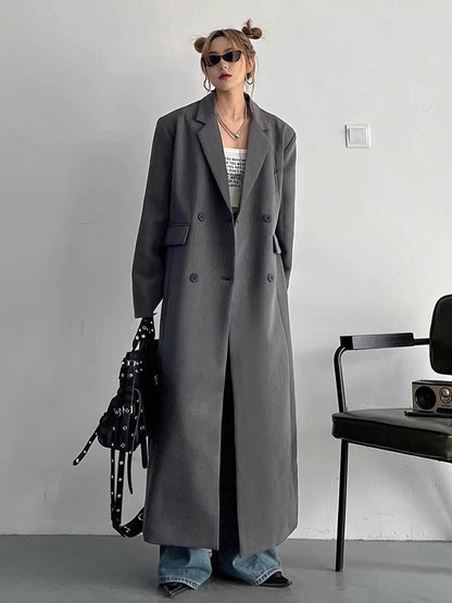 Lautaro Spring Autumn Long Grey Black Trench Coat for Women Double Breasted Loose Casual Korean Fashion Clothing Blazer 2025