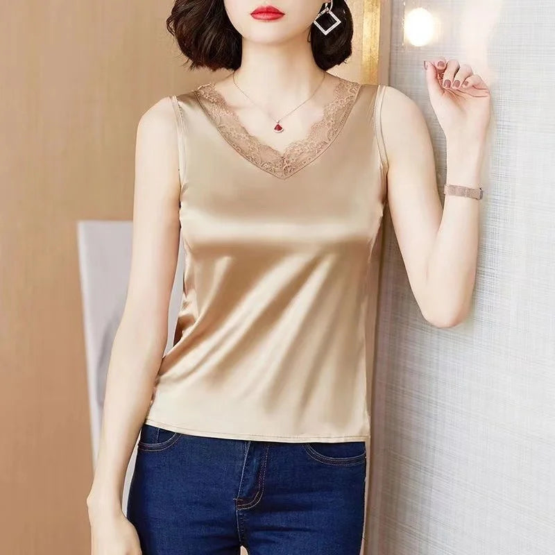 Woman T-shirts Elegant SILK Satin Blouse Sleeveless Female Summer Casual Loose Tanks and Camis Solid Green Tops for Women