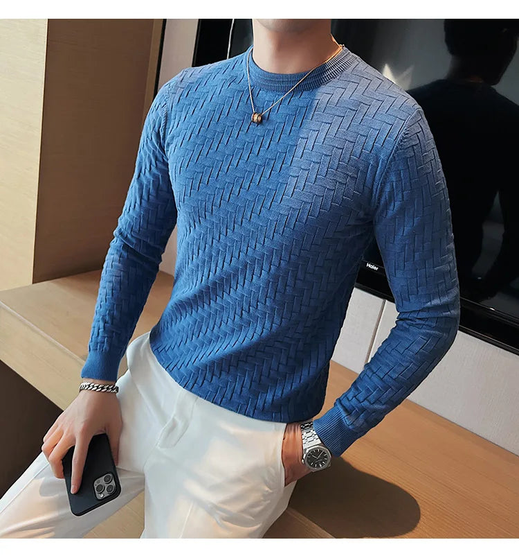 2025 Stretchable Jacquard Woven Winter Crew Neck Sweater Men's Slim Fit Pullover Knitwear Blue, Fashionable Check Pattern