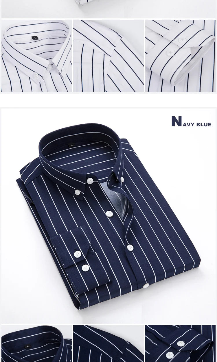 M-5XL 2023 Autumn New Men's Striped Shirt Solid Casual Long Sleeve Slim Fit Korean Edition Business Formal Laydown Shirt