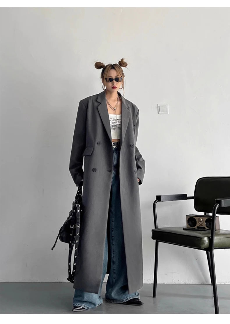 Lautaro Spring Autumn Long Grey Black Trench Coat for Women Double Breasted Loose Casual Korean Fashion Clothing Blazer 2025