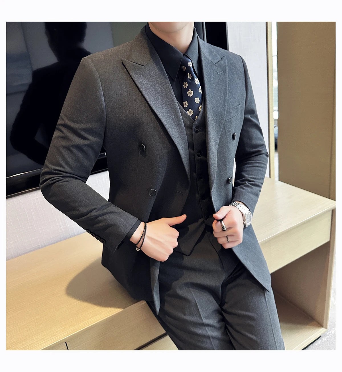 British Style Double Breasted Design Men's Suit Formal Business Slim Fit Casual Suits Sets Men Wedding Party Tuxedo 3 Pieces Set