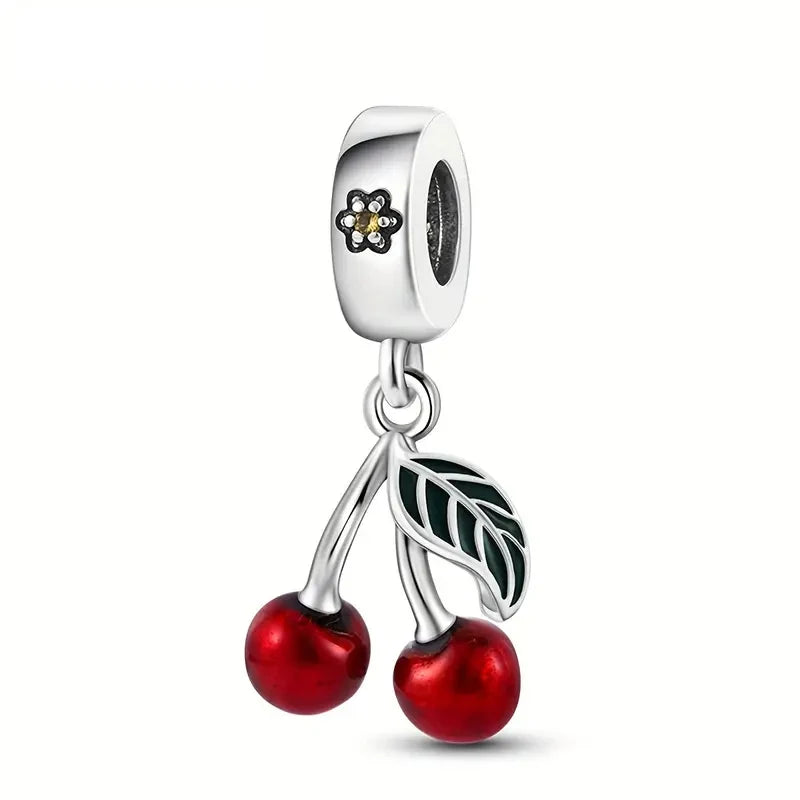 Summery Red Enamel Fruit Cherry Charm Bead Fits Bracelet Necklace Keychain Women 925 Silver Pendant Beads DIY Jewelry Fine Gift