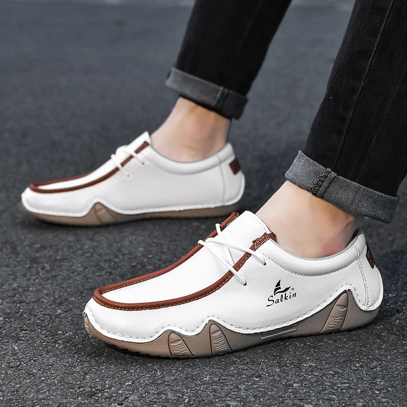 New 2025 Autumn Handmade Leather Casual Men Shoes Design Fashion Sneakers Man Loafers Breathable Low Top Flat Shoes Driving