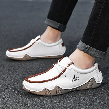 New 2025 Autumn Handmade Leather Casual Men Shoes Design Fashion Sneakers Man Loafers Breathable Low Top Flat Shoes Driving