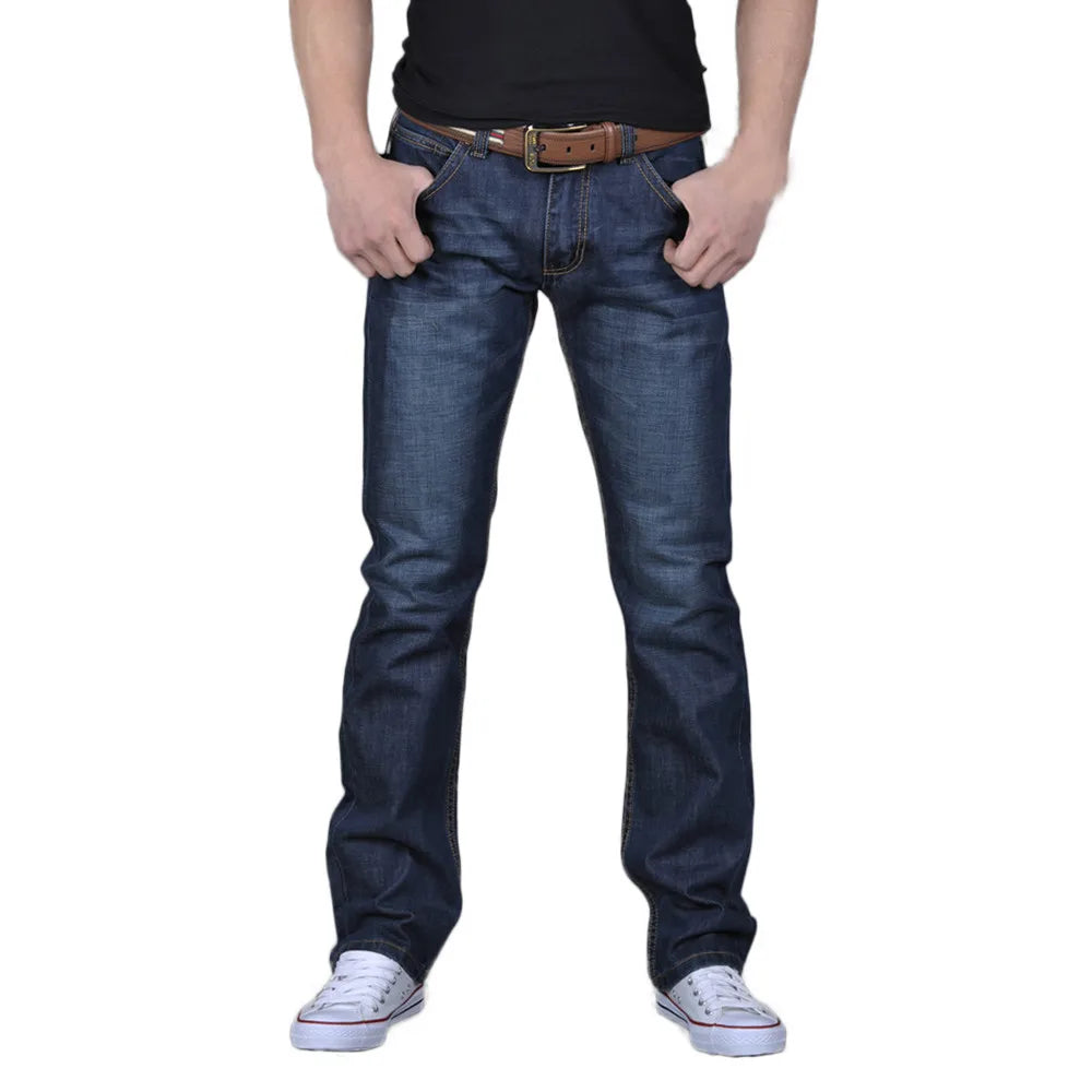 Men's Classic Straight Denim Pants Spring Summer Fashion Deep Blue Button High Waist Daily Work Wear Jeans Long Trousers