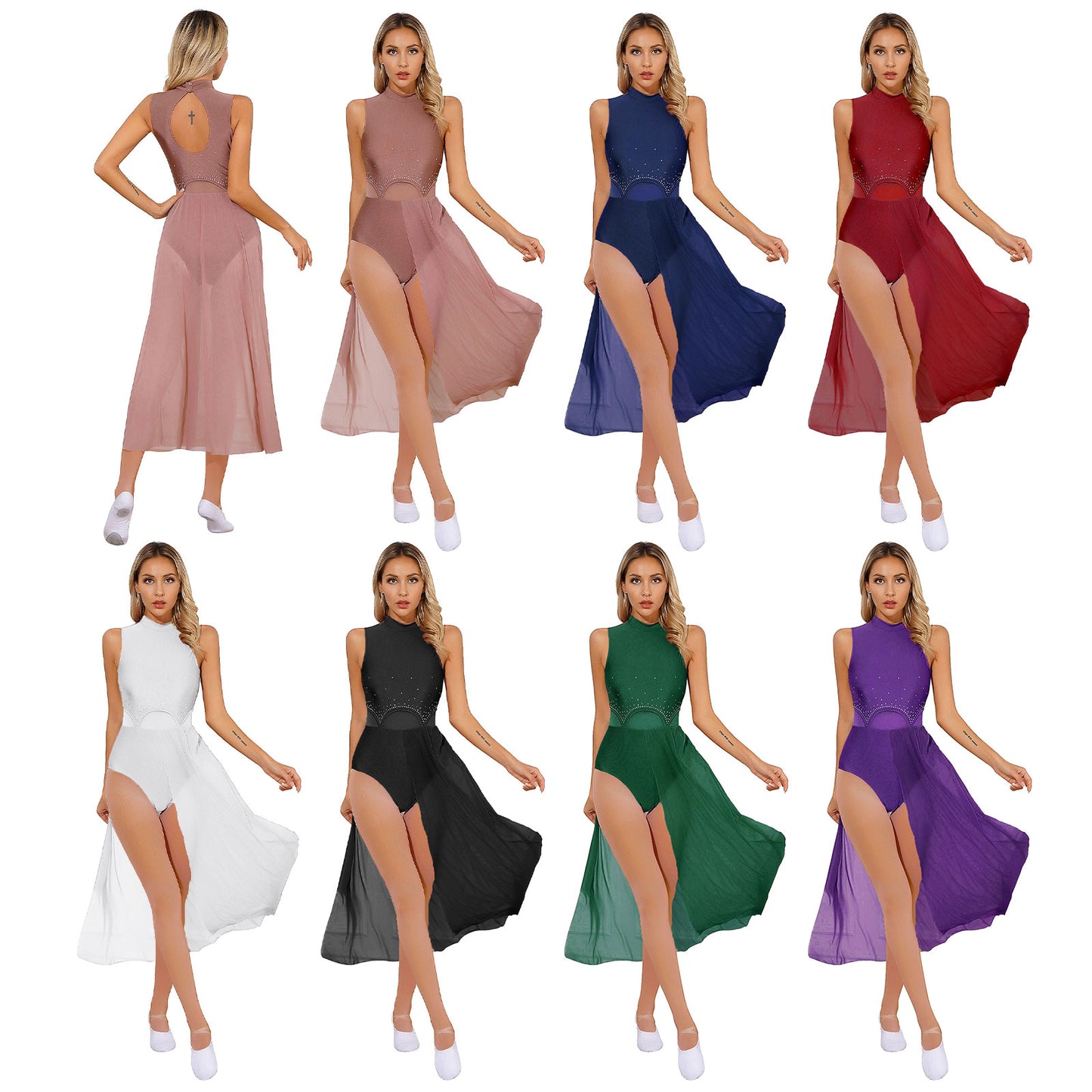 Women Sleeveless Contemporary Lyrical Dance Leotard Dresses High Split Sheer Mesh Skirted Ballet Gymnastics Bodysuit Dancewear