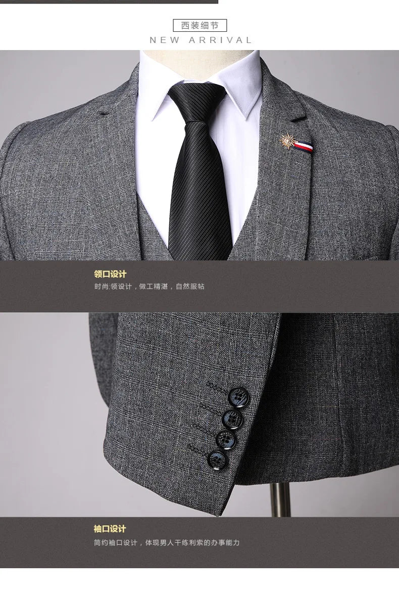 S-6XL (Jacket + Vest + Pants) Retro Gentleman Classic Fashion Plaid Mens Formal Business Slim Suit 3Pces Set Groom Wedding Dress