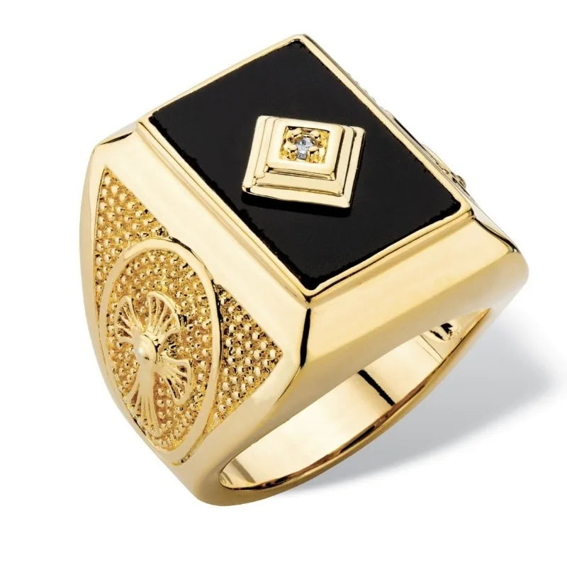 Dazzling Gold Color Square Metal Black White Stone Ring Fashion Party Men Rings Jewelry