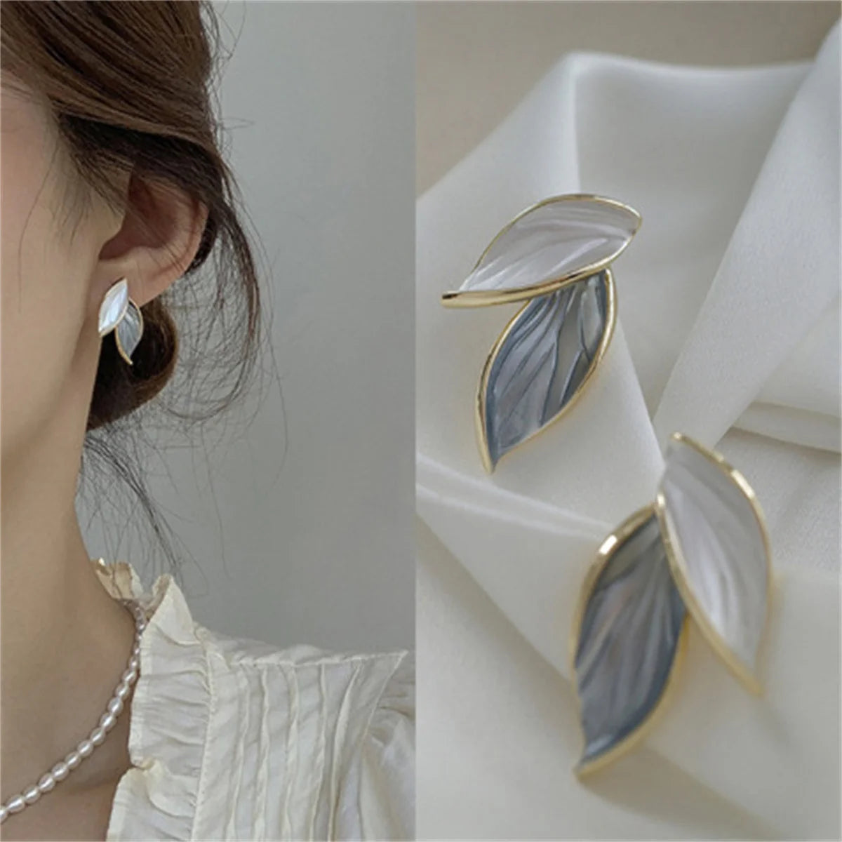 2024 New Arrival Trendy Summer Fresh Lovely Sweet Grey Leaf Dangle Earrings Blue And White Metal Leaf Earrings Women's Jewelry