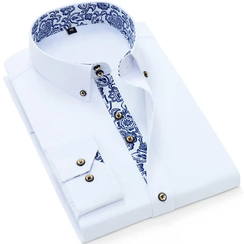 Blue-and-white Porcelain Collar Shirt Men Long Sleeve Korean SlimFit Casual Business Dress Shirts Solid Color White Shirt Cotton