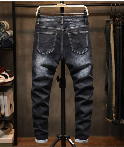 2023 Spring and Autumn New Classic Fashion Solid Color Elastic Small Foot Pants Men's Casual Slim Comfortable High-Quality Jeans