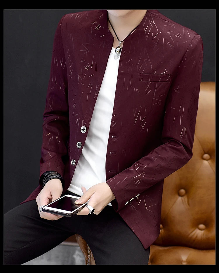 Men's Printed Small Suit Male Korean Version of The Self-cultivation Stand-up Collar Chinese Tunic Casual Suit Thin Jacket Youth