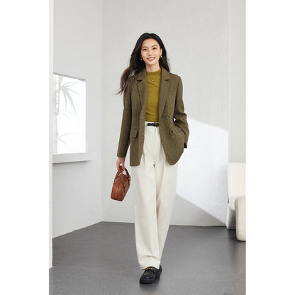 VIMLY Women's Simple Wool Blend Blazer Autumn Winter Lapel Collar Woolen Coat Suit Jacket Office Lady New Casual Outerwear