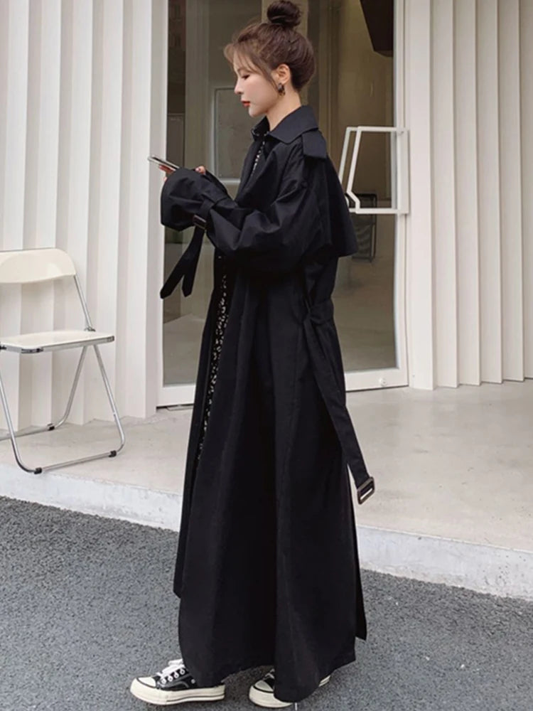 Lautaro Spring Autumn Extra Long Flowy Oversized Casual Trench Coat for Women Belt Double Breasted Loose Korean Fashion 2025