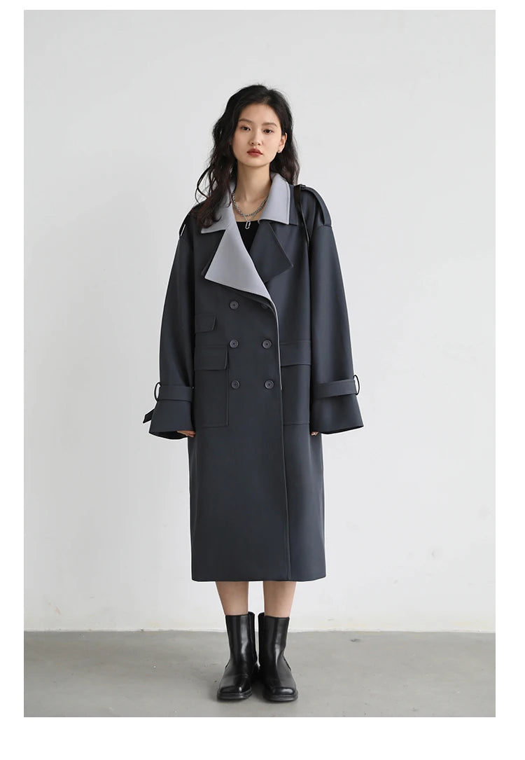 CHIC VEN Women Trench Coat Solid Loose Contrast Double Collar Double Breasted Long Women's Windbreaker Office Lady Spring Autumn