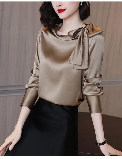 Summer Autumn Office Lady Satin Solid Elegant Fashion Bow Shirt Women Long Sleeve Temperament Bottoming Blusa All-match Blouse