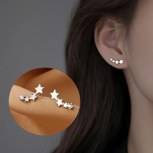 Fashion Silver Color Cross Star Stud Earrings Women Gift Banquet Asymmetry Earring Girls Jewelry Vintage Accessories Gifts