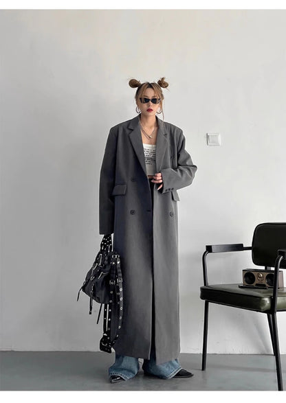 Lautaro Spring Autumn Long Grey Black Trench Coat for Women Double Breasted Loose Casual Korean Fashion Clothing Blazer 2025