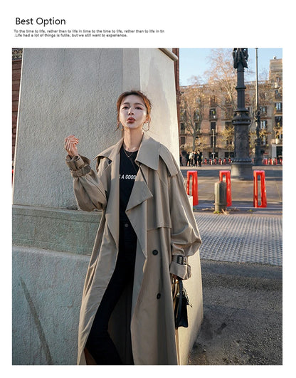 Lautaro Spring Autumn Extra Long Flowy Oversized Casual Trench Coat for Women Belt Double Breasted Loose Korean Fashion 2025