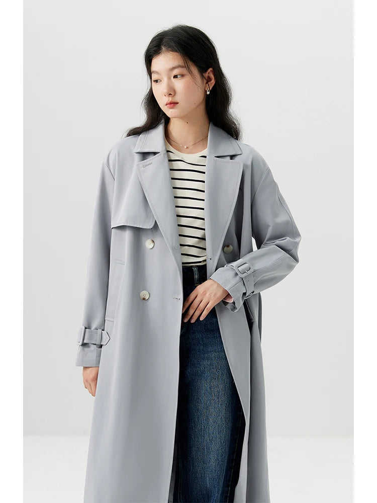 ZIQIAO Simple Double Breasted Long Straight Spring Trench Raglan Sleeve Turn-down Collar Female Blue Grey Trench Coat 24ZQ91232