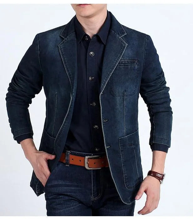 Men's Denim Blazer ,Male Jean Suit Jacket Coat,Three Buttons Denim Outwear ,Size M-4XL