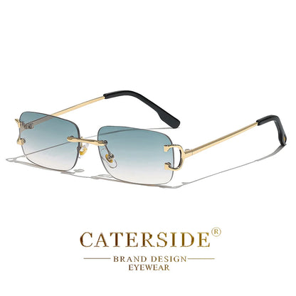 CATERSIDE Rectangular Sunglasses Men Rimless White Copper Small Square Sun Glasses For Women Gradient Lens Outdoor Eyewear UV400