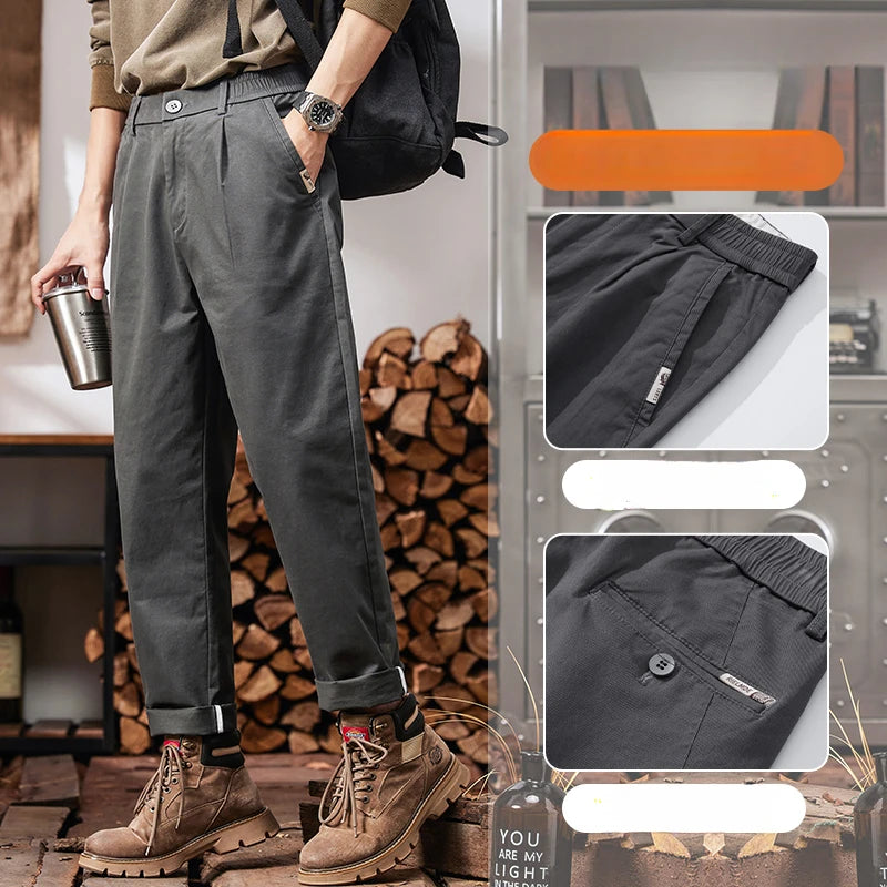 2025 New in Men's Straight Pant Elastic Waist Chino Trouser Cargo Male Regular Fit Cotton Stretch Spring Casual Korean Golf Wear