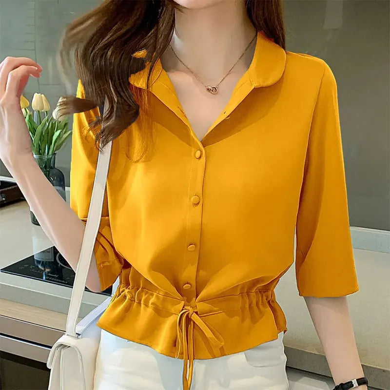 Summer Women All-match Solid Turn-down Collar Half Sleeve Chiffon Shirt Fashion Casual Shirring Single-breasted Blouses Female