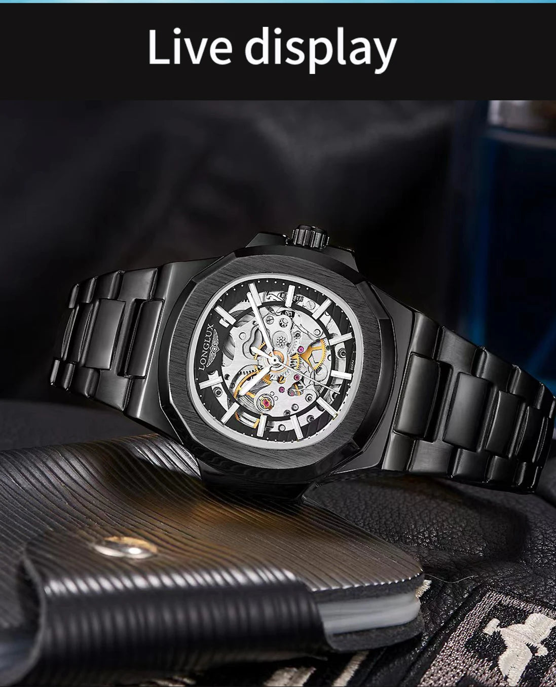 LONGLUX automatic man watch  luxury wholesale mechanical wristwatches stainless steel skeleton waterproof  mens watch men gift