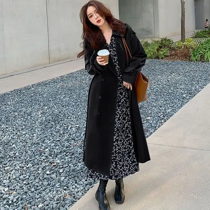 Streetwear Loose Trench Coat Midi Length Fashion Korean Elegant Khaki Black Women's Windbreaker Coat Casual Double Breasted Tops