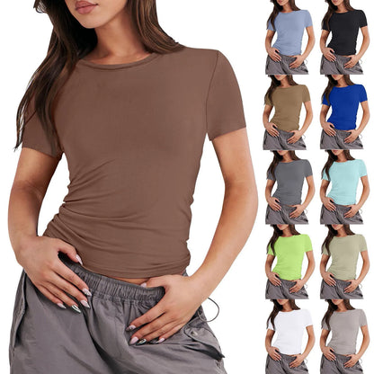 Women Short Sleeve Soild Sexy Cute Tee Slim Fit Tight Crop-Top T Shirt Tops for Women Womens Tops and Blouse 2024 Tops for Women