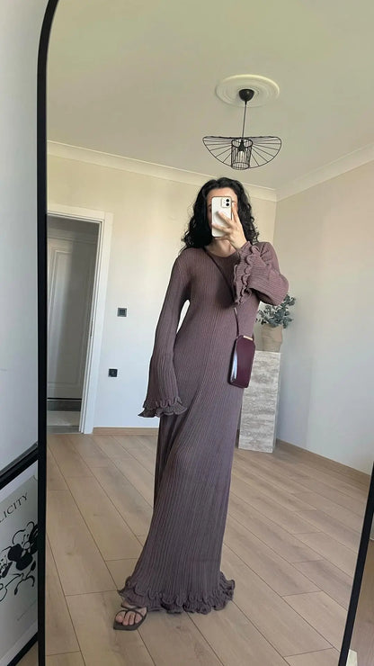 Elegant Women's Ruffles Hem Flare Sleeve Knitted Long Dress Chic Backless Lace Up Round Neck Vestido New Female Vacation Robes