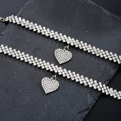 2 Pcs Fashion Silver Color Rhinestone Heart Pendant Anklet for Women Ins Bling Love Foot Ankle Bracelet Set Chain Jewelry Gifts