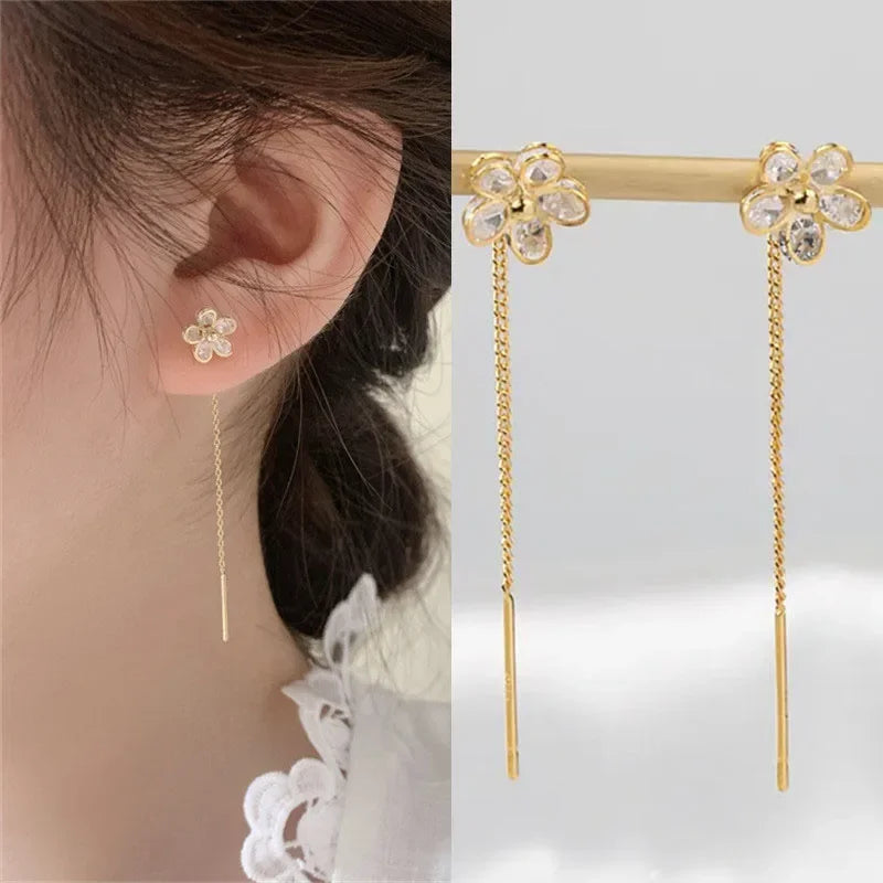 Drop Ear Line Long Hanging Earrings for Women Rose Gold Color Zircon Crystal Piercing Threader Earing Ear Accessories Jewelry