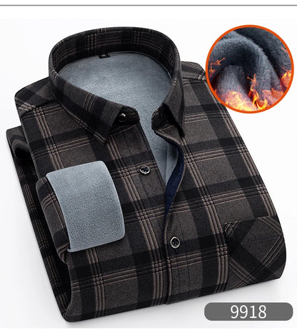 Autumn Winter Thicken Fleece Shirt Men Business Plaid Shirt Long Sleeve Warm Clothes Turn Down Collar Button Up Shirts Classic