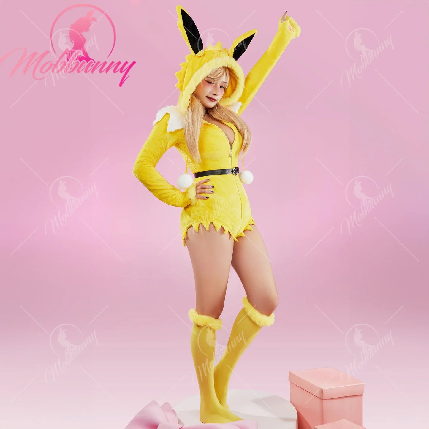 Mobbunny PM Derivative Cosplay Costume Women Sexy Lingerie Bodysuit Plush Hooded Romper and Socks with Belt and Scarf  Halooween