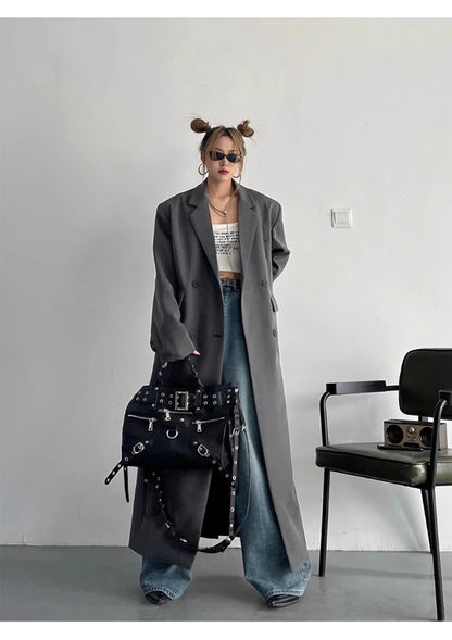 Lautaro Spring Autumn Long Grey Black Trench Coat for Women Double Breasted Loose Casual Korean Fashion Clothing Blazer 2025