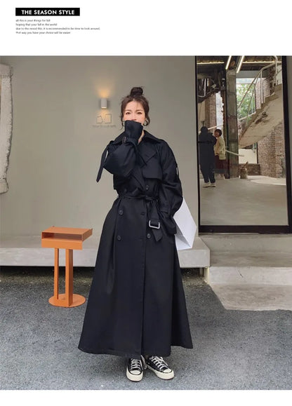 Lautaro Spring Autumn Extra Long Flowy Oversized Casual Trench Coat for Women Belt Double Breasted Loose Korean Fashion 2025