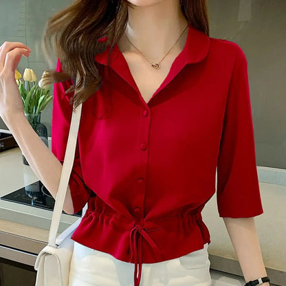 Summer Women All-match Solid Turn-down Collar Half Sleeve Chiffon Shirt Fashion Casual Shirring Single-breasted Blouses Female